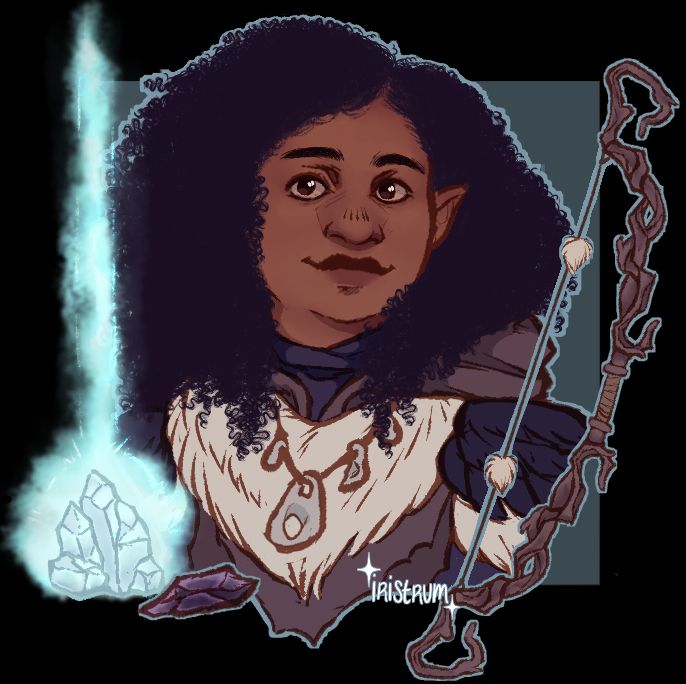 A bust of Muirne, a black fem presenting half-elf with curly, dark purple hair. The background is transparent except for an opaque blue square. On the left is a glowing skyshard and a black soul gem. On the right is Muirne's long bow.