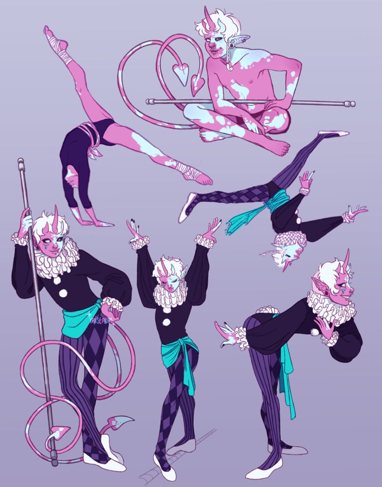 A three horned, fuchsia tiefling with patches of light blue, similar to vitiligo. He is wearing a dark purple bodysuit in a pierrot style, with mismatching tights, and a bright teal sash at his waist. He is depicted in various poses; three are of him doing acrobatics, three are idle. 