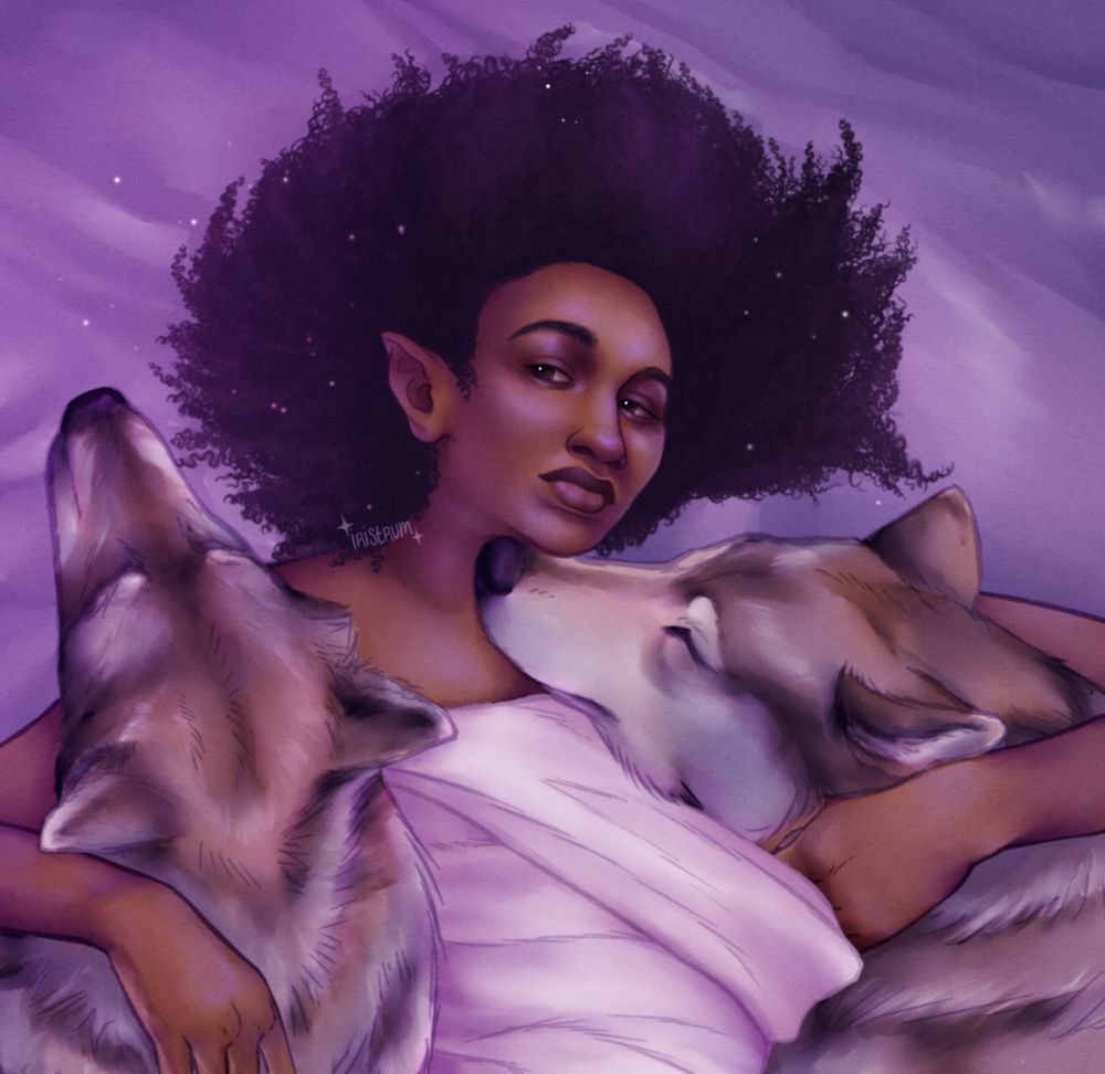 A redraw of Kate Bush's Hound's of Love album cover. It features Muirne, a black fem presenting half-elf with curly, dark purple hair. They are laying on shiny, opaque purple fabric, and cuddling with two wolves, one on each side of them.
