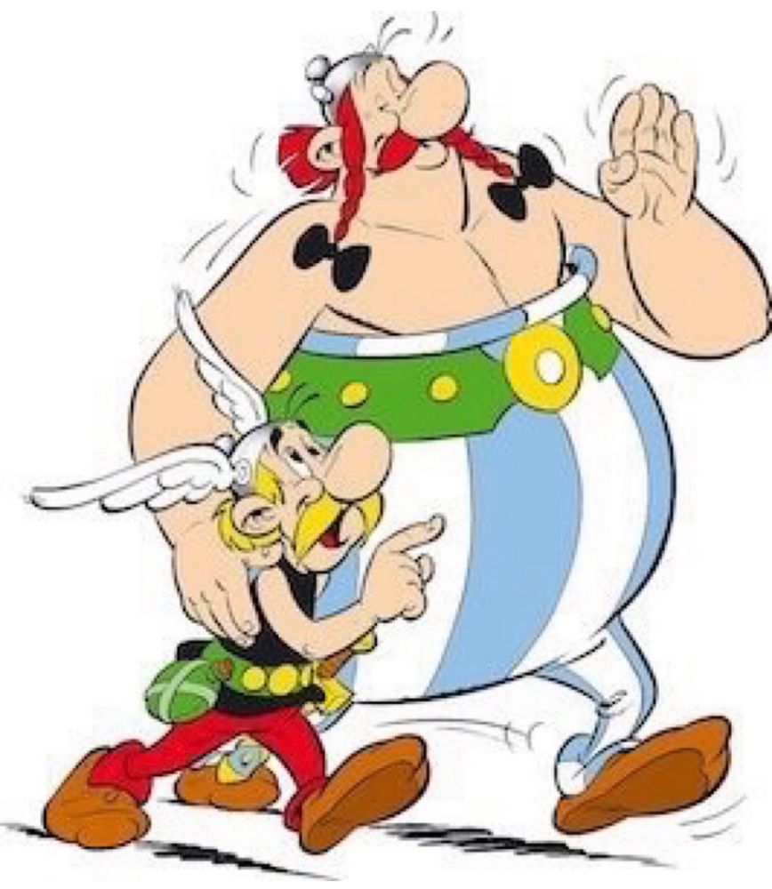Asterix und Obelix die nebeneinander gehen und miteinander reden. 