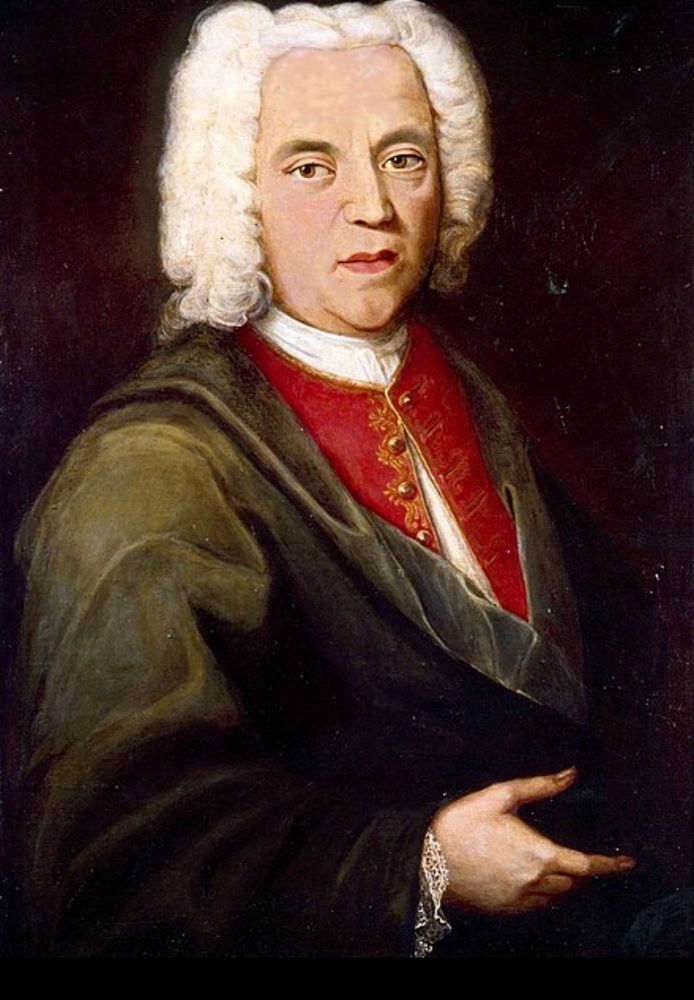 Ein Gemälde von ihm. Er trägt aufwändige Kleidung, hat eine weiße Perücke auf, es leuchtet das rote Wams, das mit Goldfäden bestickt ist