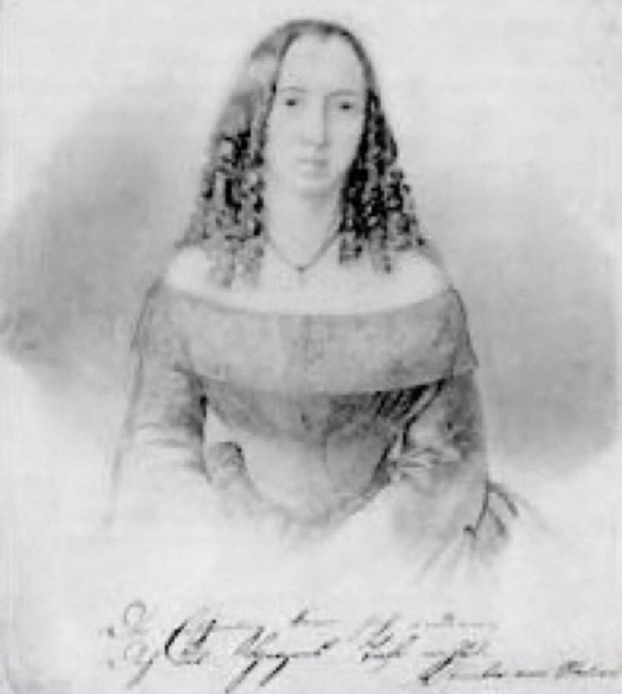 Ein Gemälde von ihr. Eine junge Frau, in zeitgemäßer Kleidung, mit langen lockigen Haaren.