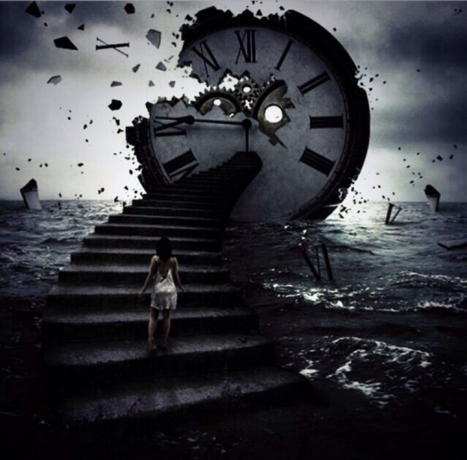 Man sieht eine zerstörte Uhr zu dir, eine Frau auf einer Treppe hochgeht