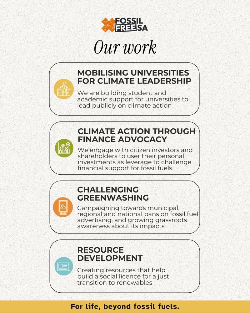 fossil free south africa work campaigns mobilising universities for climate leadership, climate action through finance advocacy, challenging greenwashing, resource development