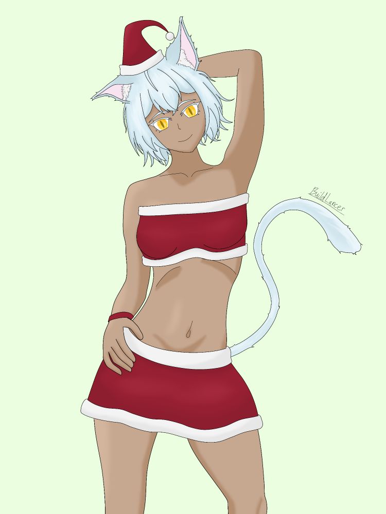 Elara posed in her Christmas Outfit, a tube top, skirt and santa hat.