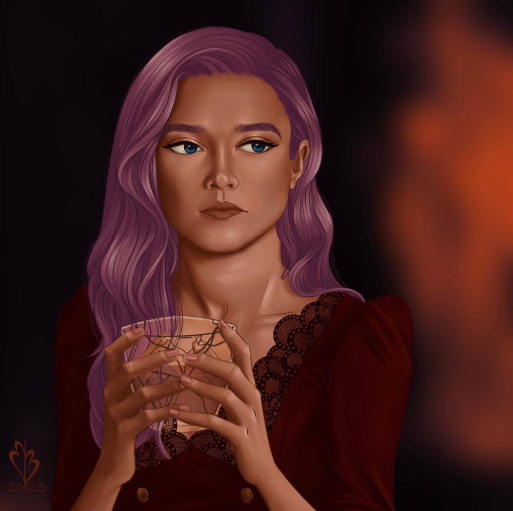 Tense looking woman holding cracked glass.