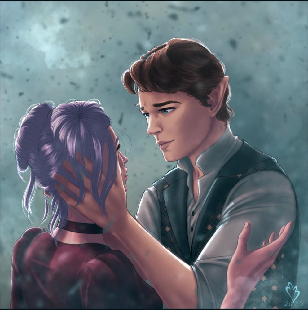 Worried elf man checking on his wife after a battle.
