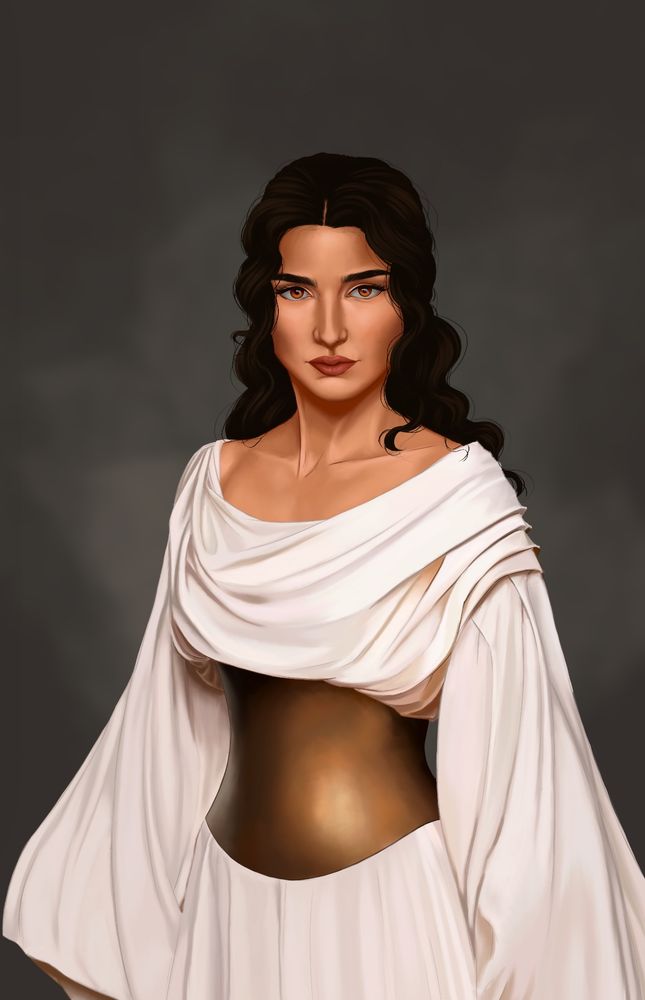 Greek woman in soft white dress and gold metal bodice.