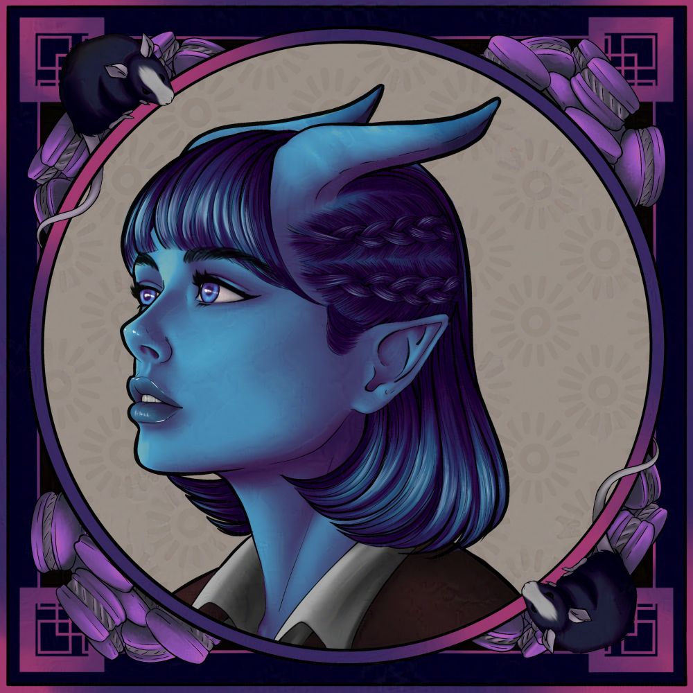 Blue female Tiefling portrait