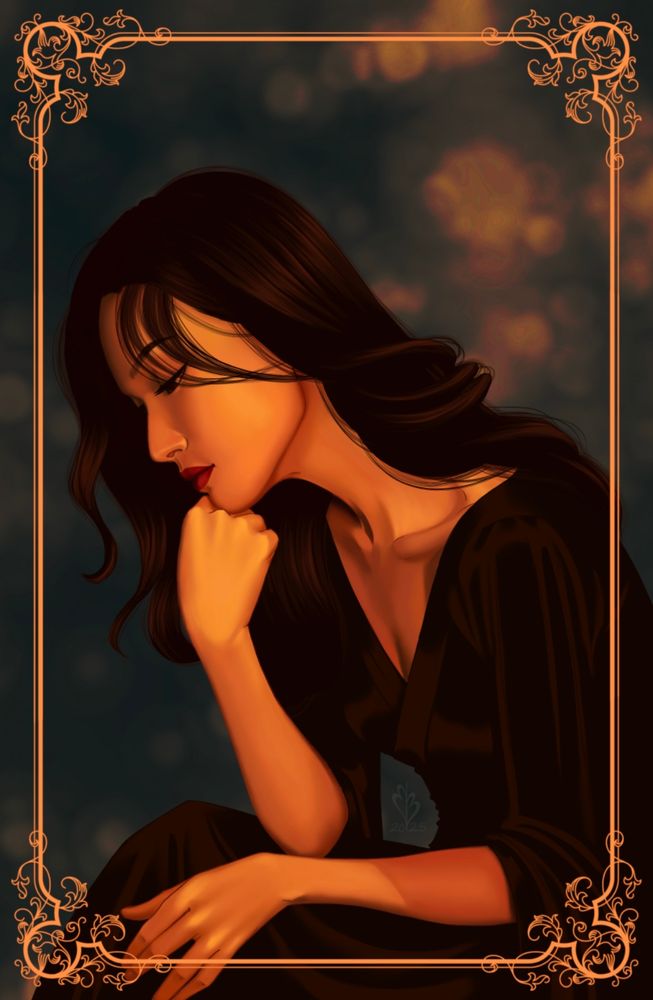Asian woman thinking. Orange lighting.