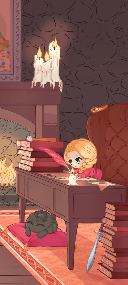 Chibi female halfling writing at a desk, with chibi spider warming by the fire.