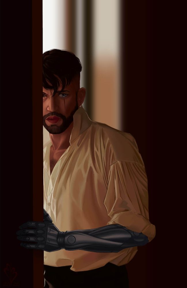 Brooding man with metal arm and loose fitting shirt 