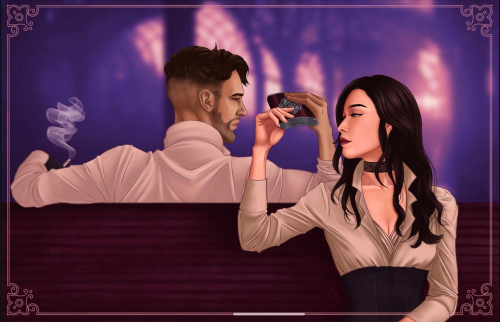 Man and woman sitting back to back, passing a flask between them.