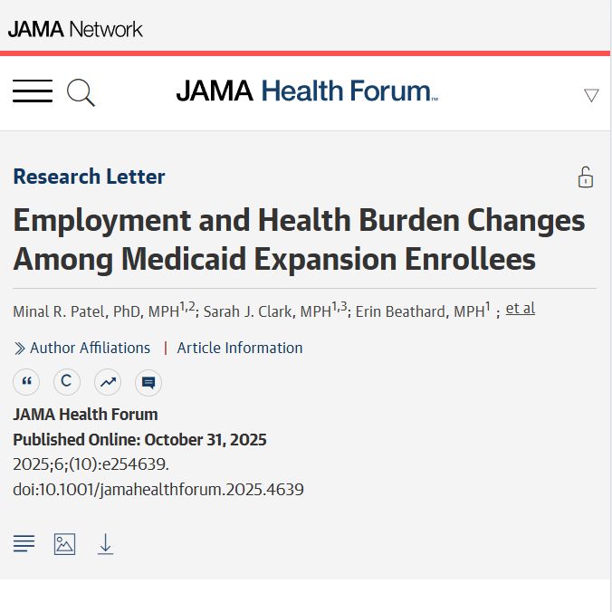 A JAMA Health Forum research letter titled 'Employment and Health Burden Changes Among Medicaid Expansion Enrollees' by Minal R. Patel et al., published online October 31, 2025. Includes author affiliations and article information.