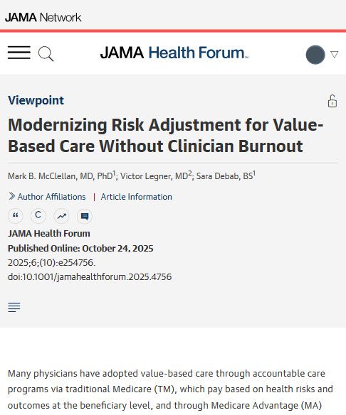 A JAMA Health Forum webpage titled "Modernizing Risk Adjustment for Value-Based Care Without Clinician Burnout" by Mark B. McClellan et al., published online October 24, 2025.