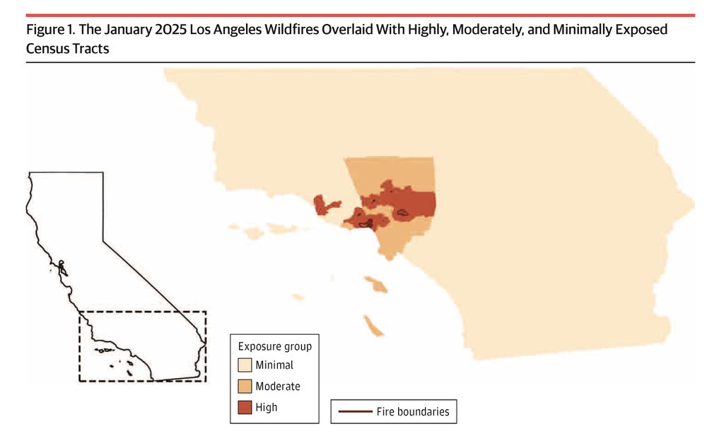 Map showing the January 2025 Los Angeles wildfires overlaid with census tracts, categorized by minimal, moderate, and high exposure groups. Adjacent is an inset map of California with a highlighted region.