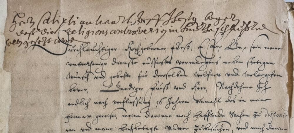 A detail image of a handwritten letter from the seventeenth century. The letter is in German and there is a handwritten note at the top of the page that appears to indicate who it is addressed to. This note is very difficult to read.