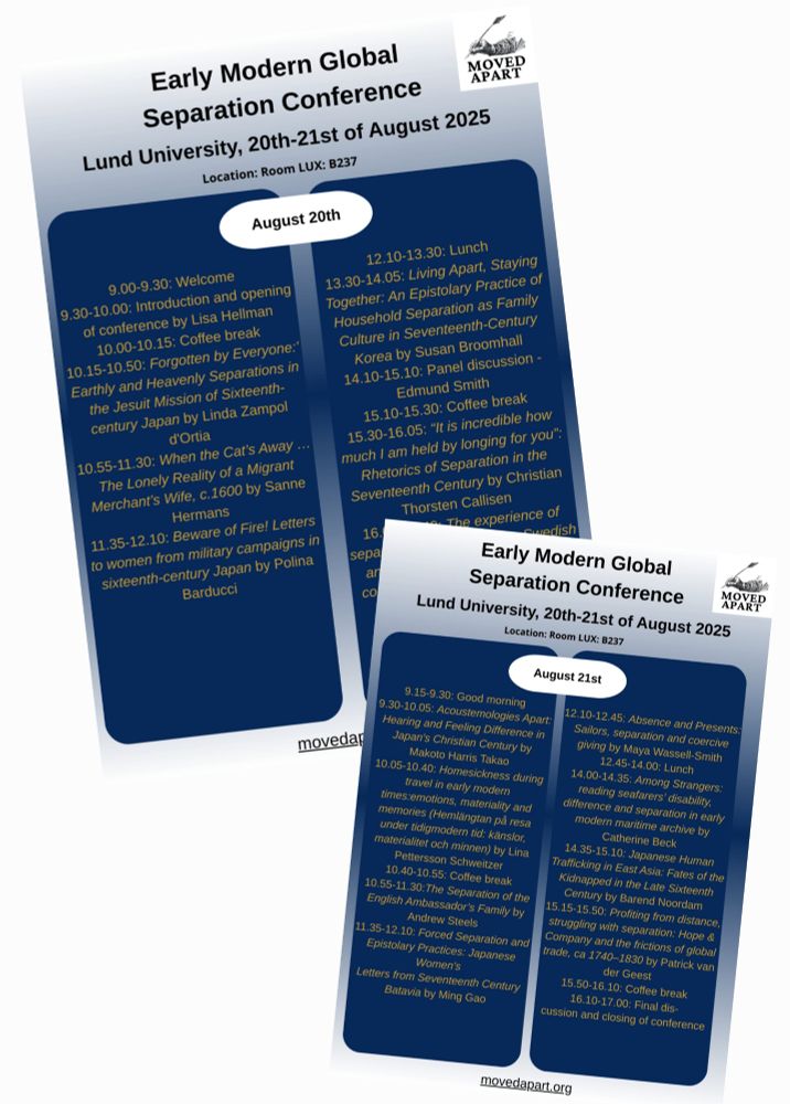 An image showing the two-page programme for the Early Modern Global Separation Conference being held at Lund University on 20 and 21 August 2025