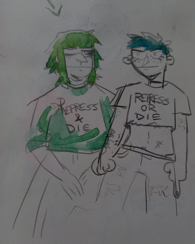 art of my friend's and my ocs. the relevant part is that one is wearing a sweater reading "repress & die" and the other is wearing a crop top reading "repress or die"