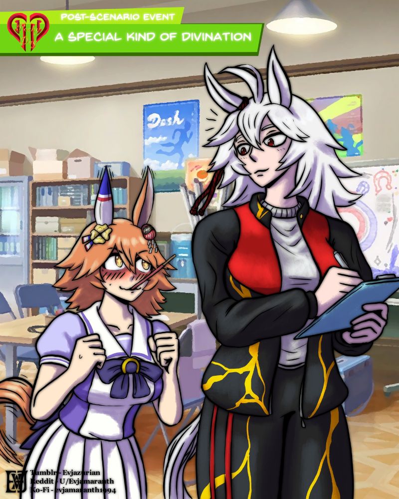 a horse girl with a pocky in her mouth nervously yet boldly offering it to a taller horse girl that was writing on a clipboard, glancing over to her with an amused smirk. 