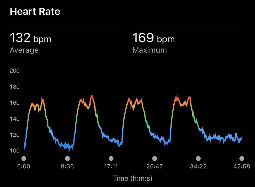 A Garmin heart rate chart showing peaks and valleys over 43 minutes.  132bpm average; 169bpm max.