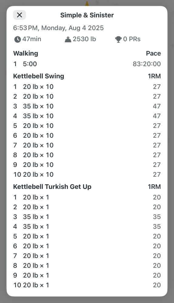 Simple & Sinister
6:53 PM, Monday, Aug 4 2025
• 47min
22530 Ib
Walking
1
5:00
Kettlebell Swing
1
20 Ib × 10
2
20 lb × 10
3
35 lb × 10
4 35 1b × 10
5 20 1b × 10
6 20 1b × 10
7 201b × 10
8 201b × 10
9 20 1b × 10
10 20 lb × 10
Kettlebell Turkish Get Up
1 20lb × 1
2 20lb × 1
3
35 1b × 1
4
35 |b × 1
5 20lb × 1
6 201b × 1
7 20 1b × 1
8 201b × 1
9 20 1b × 1
10 20 lb x 1
PO PRS
Pace
83:20:00
1RM
27
27
47
47
27
27
27
27
27
27
1RM
20
20
35
35
20
20
20
20
20