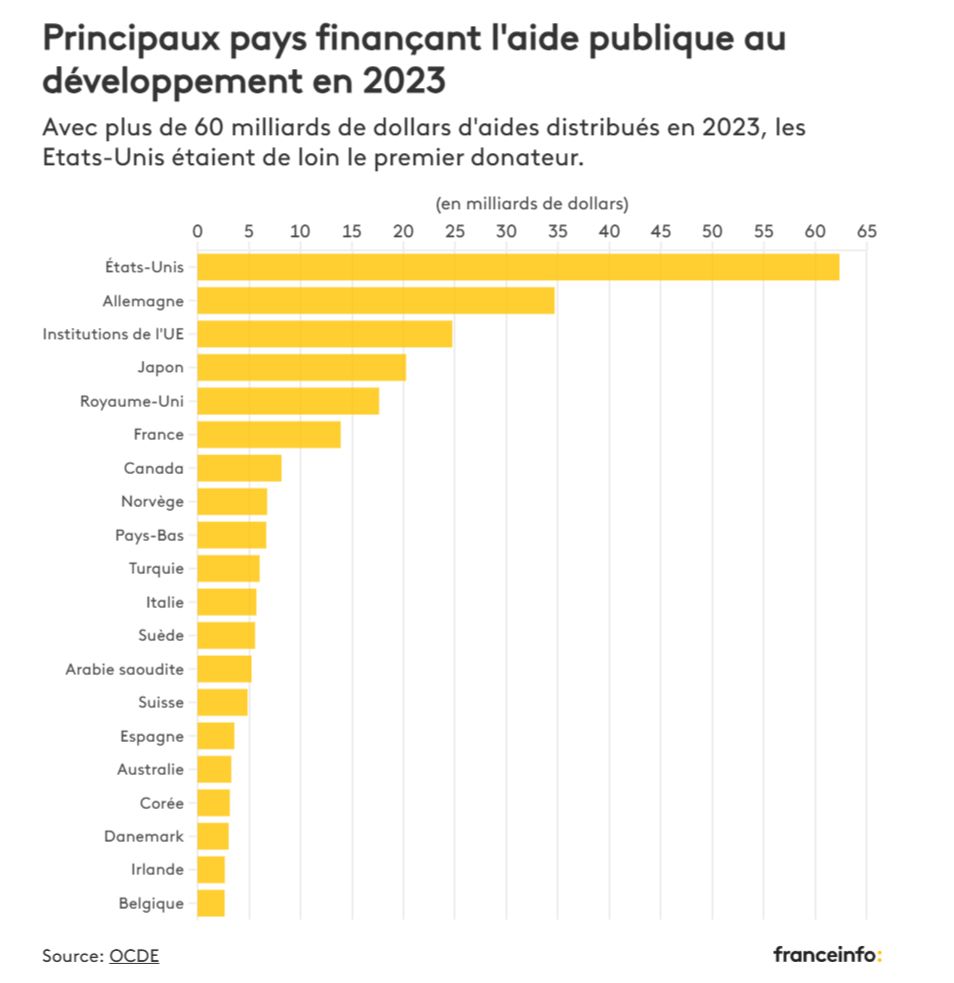 Graphique montrant les principaux pays finançant l'aide publique au développement en 2023. Dans le trio de tête : les Etats-Unis, l'Allemagne et les institutions de l'Union européenne. Avec plus de 60 milliards de dollars d'aides distribués en 2023, les Etats-Unis étaient de loin le premier donateur.