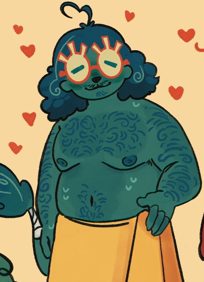 Hector from the game great god grove shirtless in a bath towel with hearts around him 