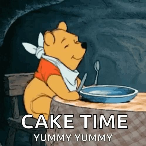 a cartoon of winnie the pooh sitting at a table with a plate of food