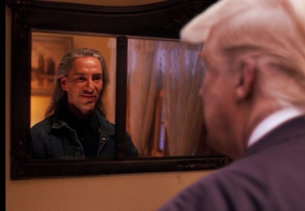 Donald Trump looks in a mirror as the character "Bob" from tv series Twin Peaks looks back at him