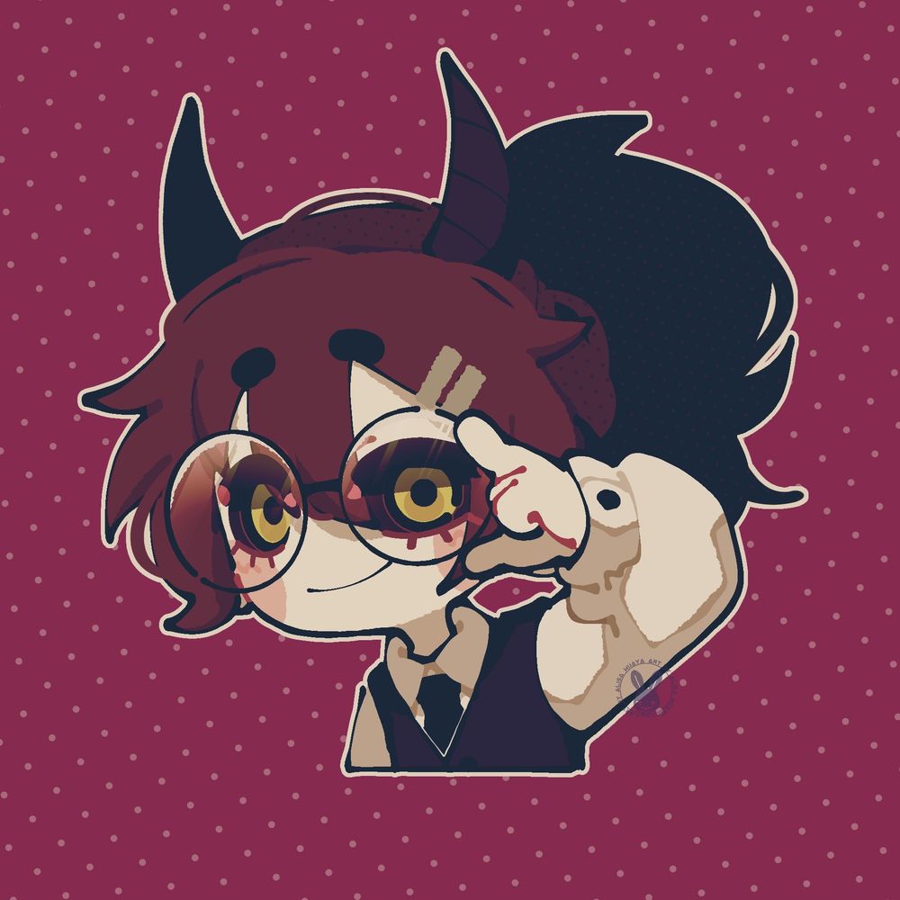 Chibi demon is posing smiling while holding glasses 