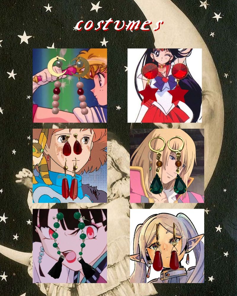 recreations of Usagi's wand from Sailor Moon, Sailor Mar's red stud and star earrings, Nausicaa's red teardrop stud earrings, Kagura from Inuyasha's earrings, and Frieren's red teardrop earrings