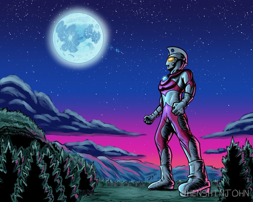 A drawing of the giant silver hero Ultraman Ace looking up at the moon