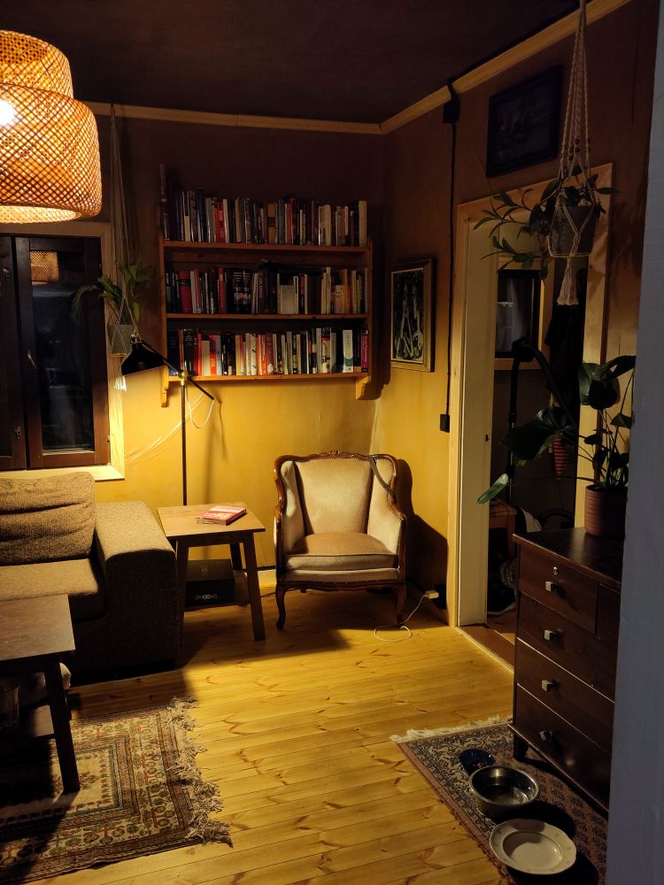 Bookshelf on the wall, a chair and some paintings on the wall.