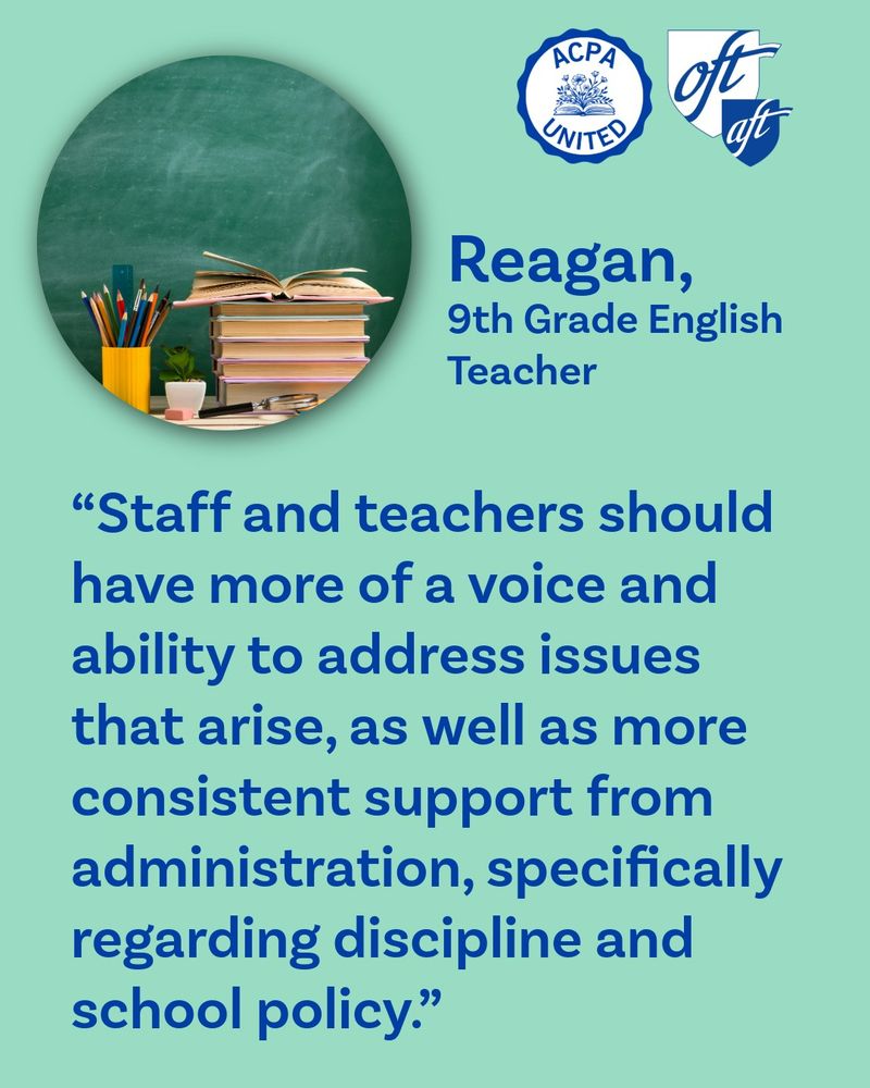 A graphic with this quote from Reagan, a 9th grade English Teacher at ACPA, “Staff and teachers should have more of a voice and ability to address issues that arise, as well as more consistent support from administration, specifically regarding discipline and school policy.”
