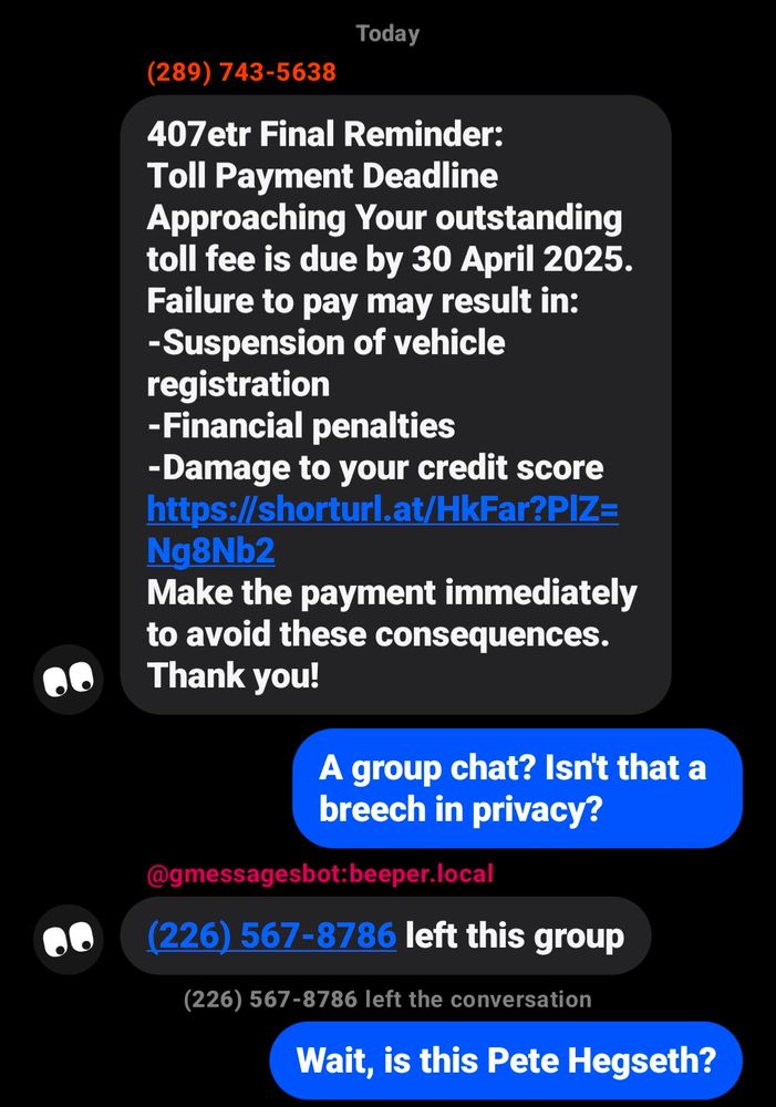 Scammer trying to scare people in a group chat. Me included. I joked asking if it was Pete Hegseth.