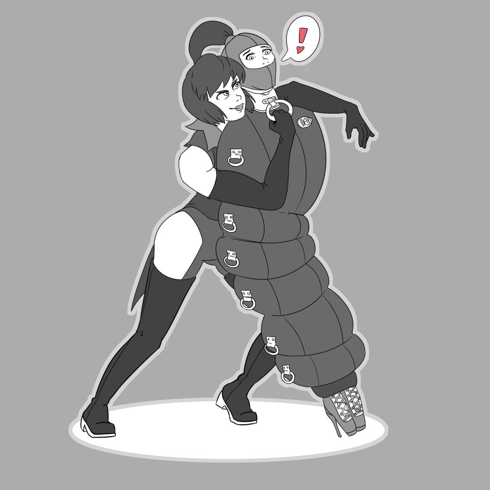 Phantom poses confidently with a mischievous smile, holding Aria who is tightly encased in an inflated bondage sleepsack. Only Aria’s face and ballet-booted feet are visible, her expression a mix of surprise and flustered affection.