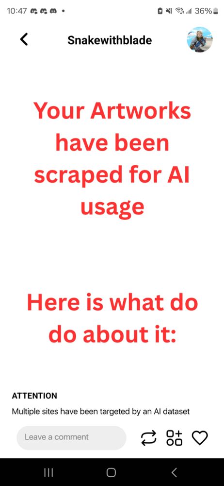Screenshot of a post on artfol that reads "your artworks have been scraped for AI usage, here is what to do about it."

