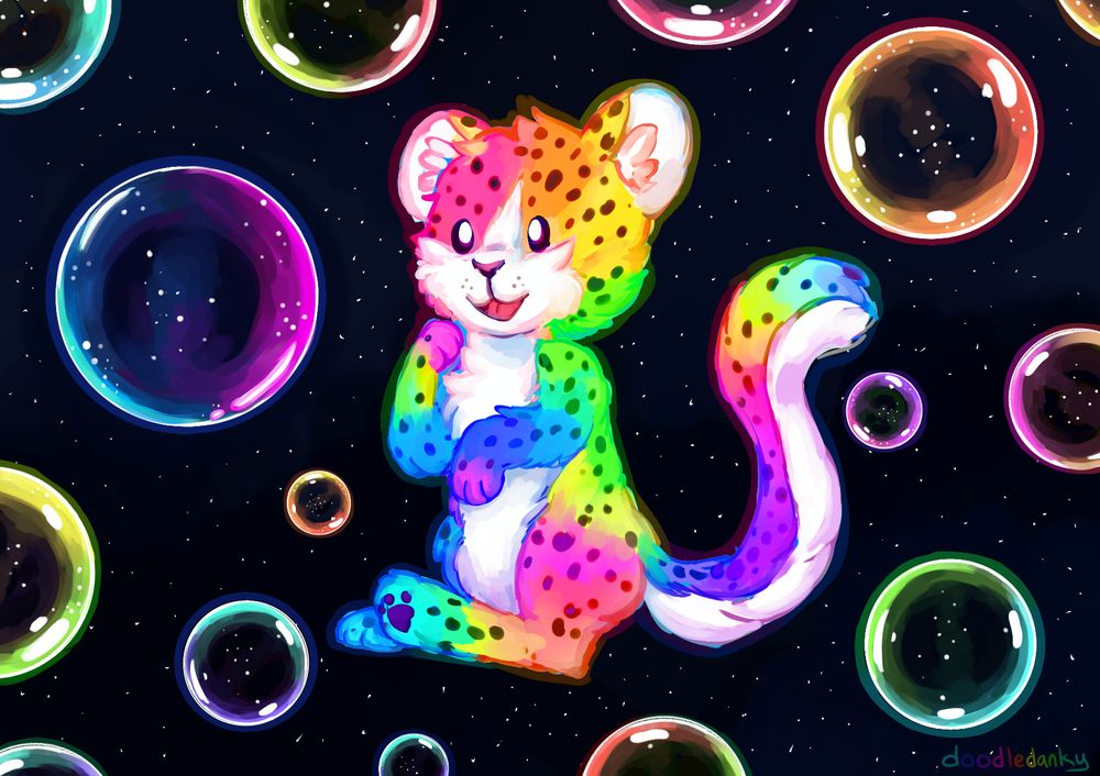 art of a cartoony neon rainbow cheetah floating in the stars surrounded by colorful glowing bubbles