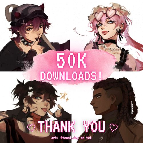 Text: 50k Downloads! Thank you. Art: @temmi_dep on twitter. Image: the text is on top of 4 fanart portraits of Killer chat's Ronin, Angel, Misaki and V.