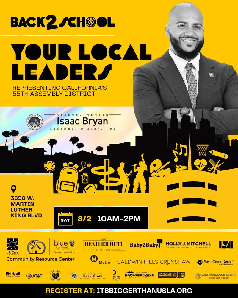 Flyer for an event listing Saturday, August 2nd. 10am to 2pm. Location: Baldwin Hills Crenshaw Plaza