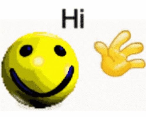 a smiley face with a hand waving and the words `` hi '' written on it .