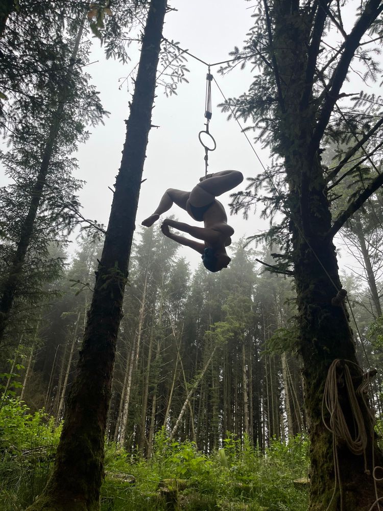 A person hanging a few meters in the air upside down from a rope strung between trees