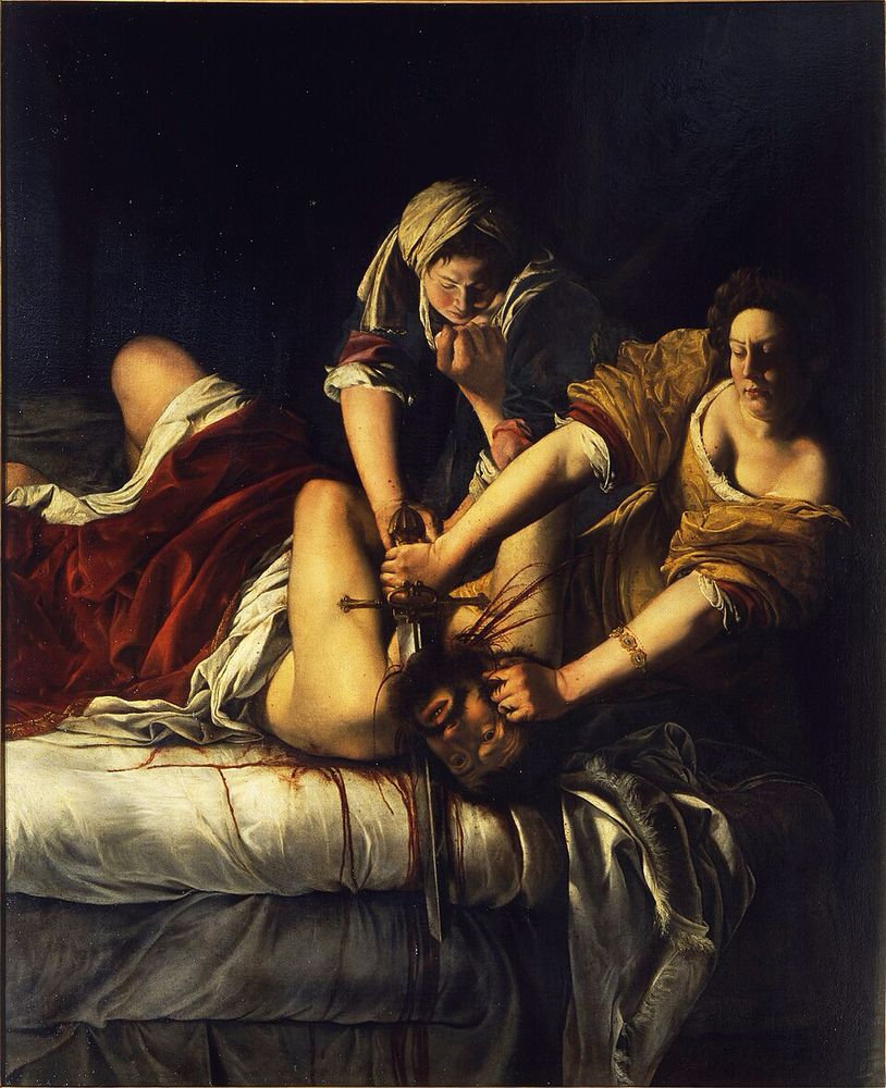 A painting of two women cutting a man’s head off