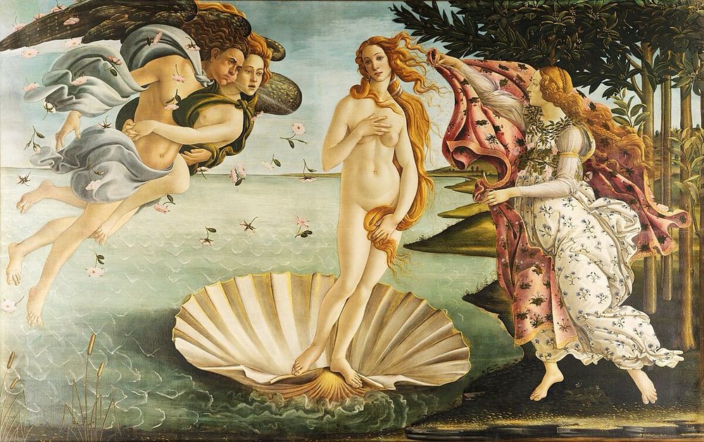 In the centre, the goddess Venus (newly born in fully grown state, in accordance with tradition) stands nude in a giant scallop shell. 

At the left the wind god Zephyrus blows at her, with the wind shown by lines radiating from his mouth. He is in the air, and carries a young female, who is also blowing, but less forcefully. Both have wings.

At the right a female figure who may be floating slightly above the ground holds out a rich cloak or dress to cover Venus when she reaches the shore, as she is about to do. She is one of the three Horae or Hours, Greek minor goddesses of the seasons and of other divisions of time, and attendants of Venus.