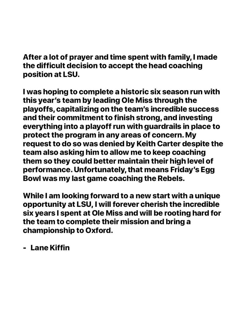 Lane Kiffin's statement on leaving Ole Miss for LSU.
