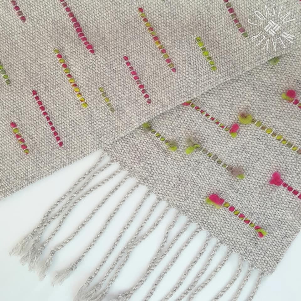 Finished scarf ... commercial 100% wool yarn with hand spun merino inserts woven on my rigid heddle loom.