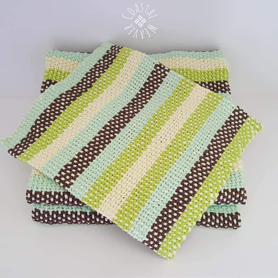 Hand towels and a face cloth woven on a rigid heddle loom using Lilys Sugar N Cream.