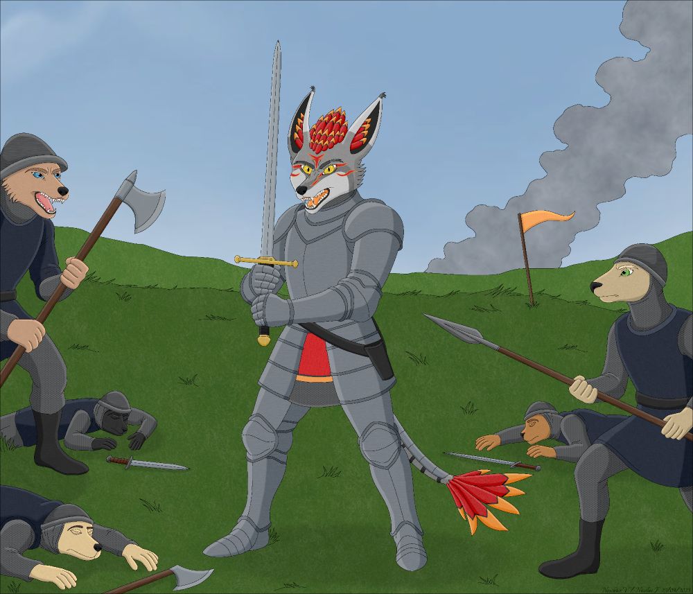 Anthro rexoiuim knight in armor holding a sword, standing victorious in battle among defeated wolf and dog soldiers.