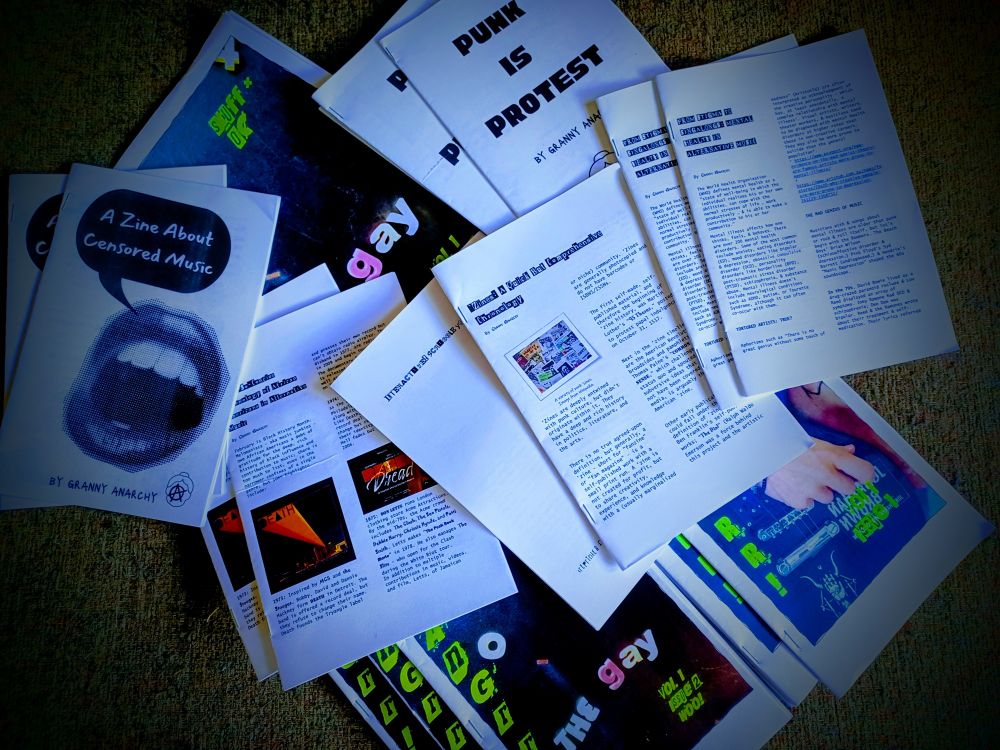 AnGrr! Zine and other Granny Anarchy zines on a green background 